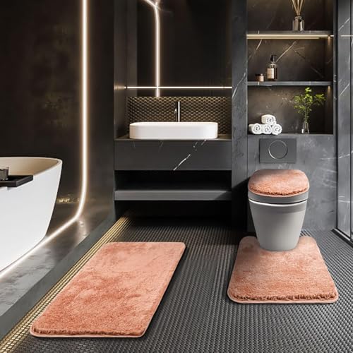 Bathroom Rugs Sets 3 Piece with Toilet Seat Cover 17.5"x 15" | Machine Washable Bath Rug Set with Tpr Non Slip Rubber Backing Solid Bath Mat Set for Luxury Bathroom Decoration - color: Blush Pink, size: 17.5" x 15"+ 32" x 20"+ U 24" x 20"