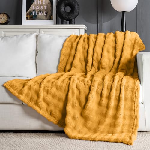 Yellow Throw Blanket for Couch, Soft Fluffy Bubble for Bed Sofa, Thick Warm Plush Fuzzy Rabbit Fur Blanket for Neutral Home Decor, 50"X 60" - color: Yellow, size: throw(50x60)