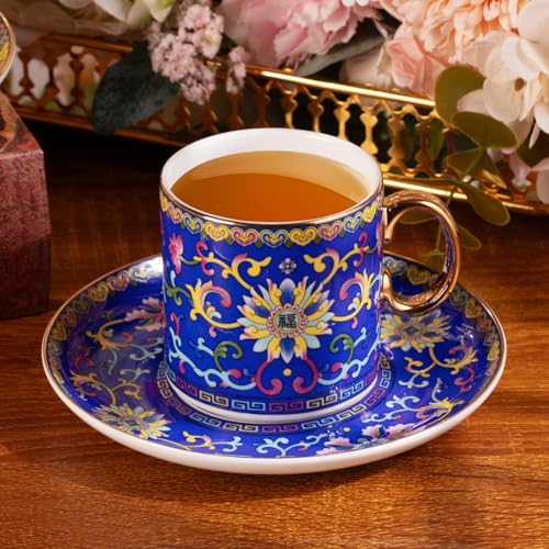 KAMMAK Tea Cup and Saucer, Ceramic Coffee Cups, 7 oz, Set of 2 | Porcelain Tea Cups with Saucers for Coffee and Cappuccino, Ideal for Breakfast, Afternoon Tea and Entertaining,639N+640N - style: 639N+640N