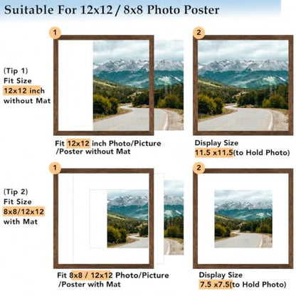 Wood 12x12 Picture Frame with 8x8 Mat, Display 8x8 with Mat or 12x12 Without Mat, Wood 12 by 12 Photo Frame, 12 x 12 Frame for Wall Hanging Display, Deep Brown, 3 Pack - size: 12x12 inch