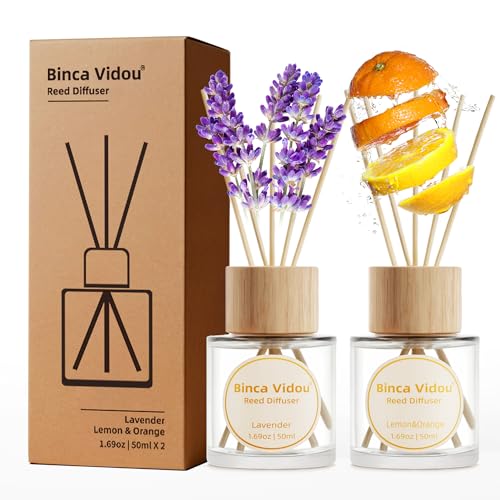Reed Diffuser Set, Binca Vidou Lavender Orange & Lemon Natural Scent Oil Diffusers with Sticks for Home Office Bathroom Aromatherapy Decor 1.69oz x 2 - color: Lavender Orange & Lemon