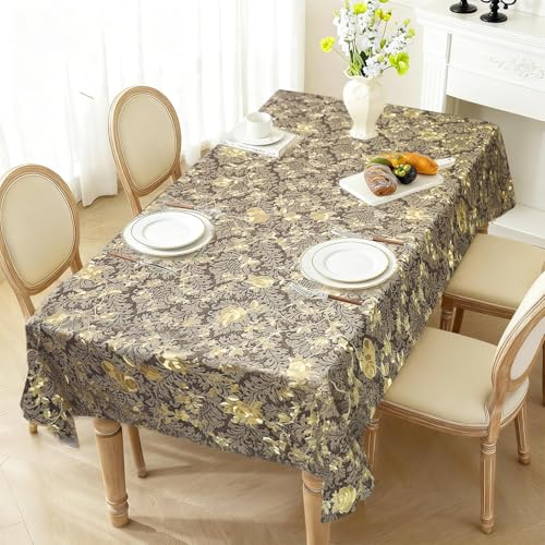 Rectangle Table Cloth Elegant Gold Vine Flower PVC Waterproof Spill-Proof Vinyl Fitted Microfiber Tablecloths Wipeable Washable Stain-Resistant Table Cover Dining Christmas (Antique Brass,54" X 78") - color: Antique Brass