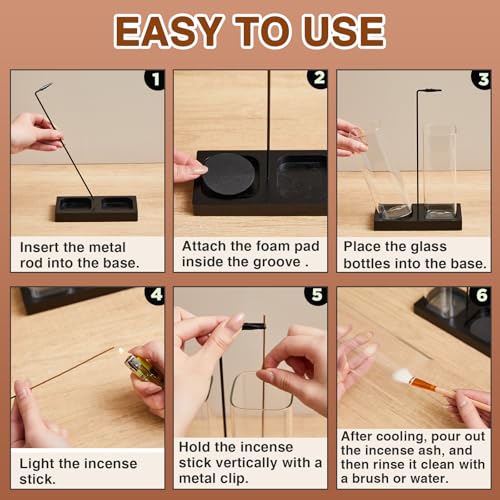 Zhehao 4 Pcs 2 in 1 Incense Holder for Sticks with Glass Ash Catcher Kit, Includes 1 Upside Down Anti-ash Flying Incense Burner 1 Ash Brush and 2 Mats for Meditation, Yoga, Spa, Home Decor