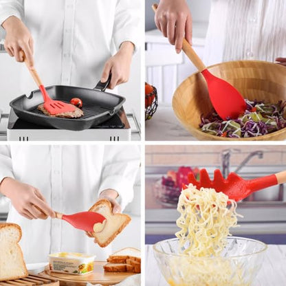 Kitchen Cooking Utensils Set 6Pcs Heat Resistant Silicone Kitchen Utensils Spatula Spoon Turner Ladle w Wooden Handle, BPA FREE Silicone Cooking Tool Gadget Set for Nonstick Cookware & Baking - color: Red, size: Standard 6-Piece Set