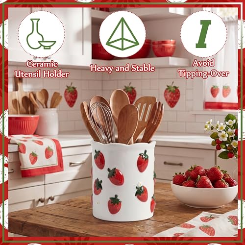 LemonRoad Strawberry Utensil Holder for Kitchen Counter,Ceramic Cooking Utensil Crock Modern Farmhouse Countertop Organizer for Spatula Ladle Kitchen Counter Decor - style: Strawberry