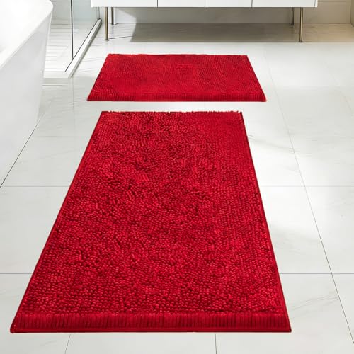 Bathroom Rugs Sets 2 Piece,Super Absorbent Soft,Thick,Machine Washable Chenille Bath Mat,Non Slip Toilet Floor Rug,Bath Mats for Bathroom,16x24 Plus 20x32 Shape,Red - color: Red, size: 1'4" x 2'8" (16x24"+20x32" shape)
