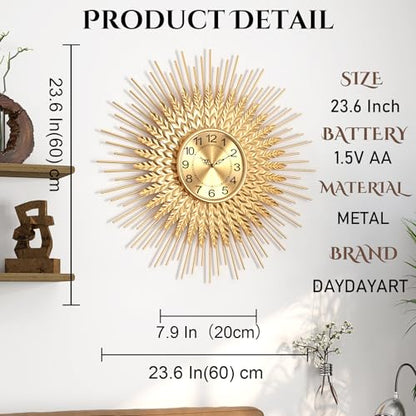 Large Mid Century Gold Wall Clock Decorative Modern Sunburst Wall Clocks, Metal Big Silent Non-Ticking Clock, Luxury Home Gift Decor for Living Room, Bedroom, Dining Room, 24 inch - size: 3. Gold-Wheat(Dismountable-60cm)