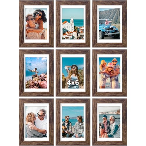 Vittanly 4x6 Picture Frames Set of 9 for Wall or Tabletop Display, Brown | Display Pictures 3.5x5 with Mat or 4x6 without Mat, Small Photo Frames, Engineered Wood with Shatter Resistant Plexiglass - color: Brown, size: 4x6
