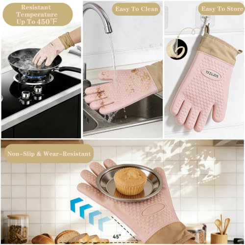 Silicone Oven Gloves with Fingers Heat Resistant 450°F in Kitchen | 1Pair Silicone Oven Mitts, Waterproof, Non-Slip, Extended Cuff Cotton Lined Kitchen Mitts for Baking Cooking Barbecue (Pink) - style: pink-large