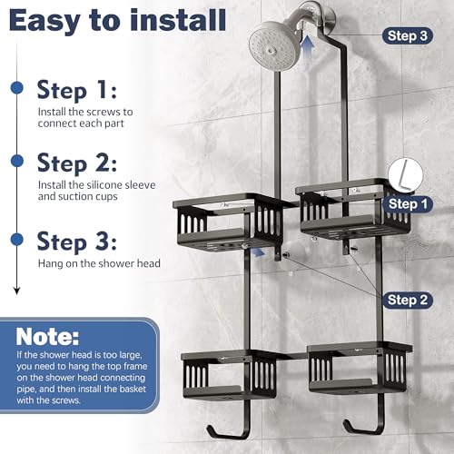 Aluminum Shower Caddy Hanging for Handheld Showerheads, Never Rust Shower Organizer with Hooks Holder Toothbrush Holder，Over Showerhead Caddy for Bathroom, Black - color: Black