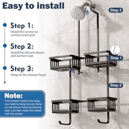 Aluminum Shower Caddy Hanging for Handheld Showerheads, Never Rust Shower Organizer with Hooks Holder Toothbrush Holder，Over Showerhead Caddy for Bathroom, Black - color: Black
