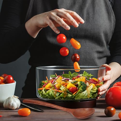 FoldTier Large Glass Salad Bowl Set, Party Salad Bowl with Acacia Wood Base and Lid as Cheese Charcuterie Board and Plate, Comes with 5 Pieces Elegant Wood Serving Utensils