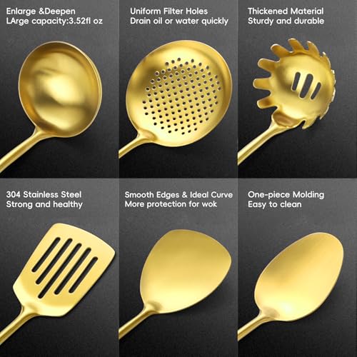 Izurok 18/10 Stainless Steel Kitchen Utensils Set,10 Piece Cooking Utensils With Wood Handle,Heat Resistant Kitchen Tool Set With Spatula,Spoon,Ladle,Skimmer,Slotted Turners,Pasta,Turner,Ladl,Fork - color: GOLD-10 Pieces, size: Small
