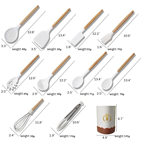 Black Silicone Kitchen Cooking Utensils Set, Heat Resistant Silicone Kitchen Gadgets Utensils Set with Wooden Handle,Silicone Spoons Spatula Whisk with Holder for Nonstick Cookware - color: Black 11p