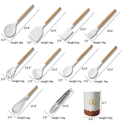Black Silicone Kitchen Cooking Utensils Set, Heat Resistant Silicone Kitchen Gadgets Utensils Set with Wooden Handle,Silicone Spoons Spatula Whisk with Holder for Nonstick Cookware - color: Black 11p