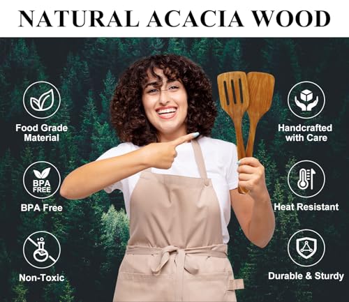 2Pcs Non Toxic Acacia Wood Spatula for Cooking Utensils Set Flipping Turner | Flat Wooden Spatulas for flipping Frying Kitchen Spurtle Organic Olive Teak Wood Utensils Non Stick Bamboo Slotted Spatula - color: 2 PCS SPATULAS