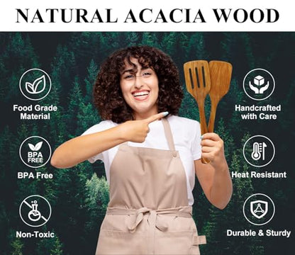 2Pcs Non Toxic Acacia Wood Spatula for Cooking Utensils Set Flipping Turner | Flat Wooden Spatulas for flipping Frying Kitchen Spurtle Organic Olive Teak Wood Utensils Non Stick Bamboo Slotted Spatula - color: 2 PCS SPATULAS