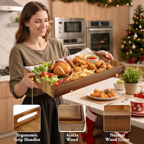 Serving Trays - 2 Pack, Large | Acacia Wood Serving Platters with Ergonomic Handles, Versatile Rustic Decorative Trays for Breakfast, Brunch, Dinner - size: 16"x11"x1.57" and 17"x12"x1.57"