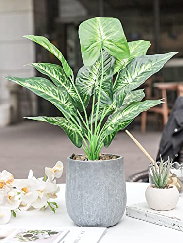 Der Rose 16" Fake Plant Potted Taro Leaf with Rocks for Home Decor | Single potted taro leaf faux plant，a green accent for office desk bathroom shelf and living room，eco-friendly