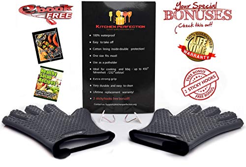 KITCHEN PERFECTION Silicone Smoker Oven Gloves-Extreme Heat Resistant BBQ Gloves-Handle Hot Food Right on Your Grill Fryer & Pit|Waterproof Grilling Cooking Baking Mitts|Superior Value Set +3 Bonuses | Waterproof, 5-Finger Design For A Better Grip, for Pi