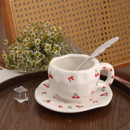 TREEWOO Hand Painted Cherry Ceramic Coffee Cup and Saucer Set, 300ml/10 oz, Korean Style, Hand Pinched Irregular Cappuccino Latte Tea Cup - color: Cherry