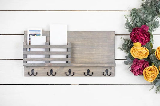 Rustic Farmhouse Wood Wall Organizer with 5 Hooks, Gray Distressed Wooden Mail Sorter, Key Holder for Entryway Mudroom Kitchen, Decorative Hanging Storage Rack