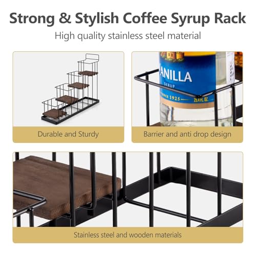 Coffee Syrup Rack Organizer, with Rustic Wood Holder Coffee Station Bar Accessory for Syrup, Wine, Dressing Bottle Countertop Display Storage Stand for Kitchen with Basket and Hooks Holds 4 Bottles