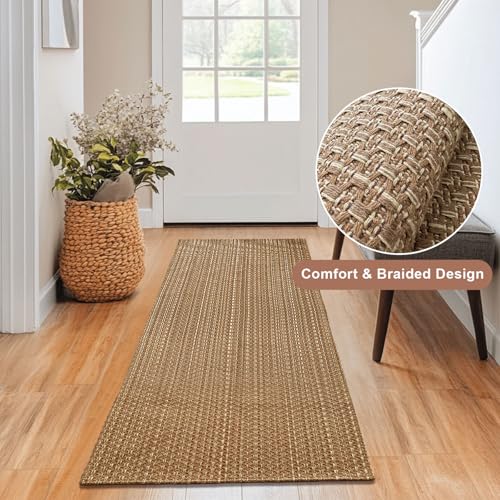 Tan Brown Boho Faux Jute Braided Entryway Rug 2x4 ft,Solid Rubber Back Rug | Machine Washable Neutral Mat,Ideal for Front Door,Kitchen,Bedroom and Indoor Entryway - size: 2' x 4' (Rectangular)