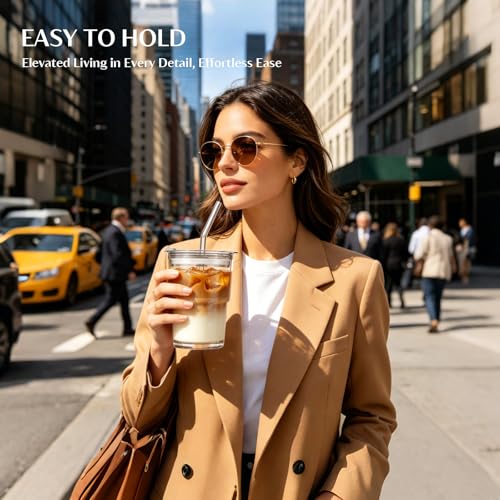 INSETLAN 13 oz Portable Glass Tumblers Set of 2, Thick Wall Glass Cups with Lid and Glass Straw, On-the-Go Coffee Cups for Iced Coffee, Tea, Milk, Hot & Cold Drinks, Travel & Daily Use - color: 13 oz - 2 Pcs