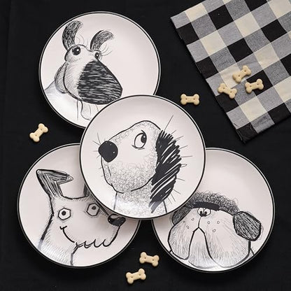 Bico Doodle Pawtrait Ceramic Salad Plates Set of 4, 8.75 Inch Dessert Plates for Salad, Appetizer, Side Dishes, Microwave and Dishwasher Safe, Gift for Housewarming and Thanksgiving - color: Doodle Pawtrait