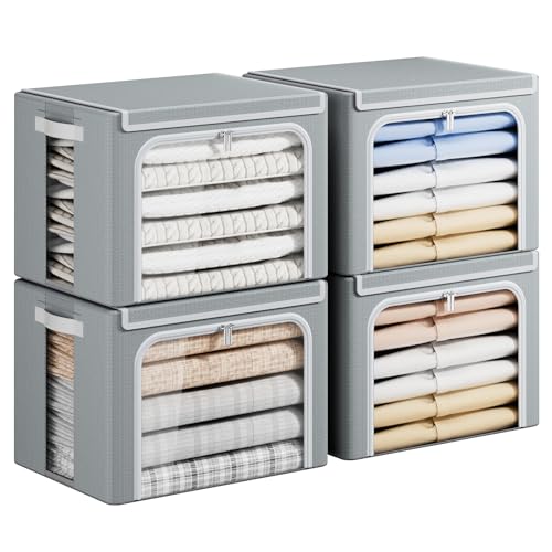 Yecaye Clothing Storage Bin with Lid, Clothes Storage Grey, 40L, 4 Pack | Metal Frame, Foldable, Stackable, Clear Window, Zippers, PU Leather Handles - color: Grey, size: Medium(4 Pack)