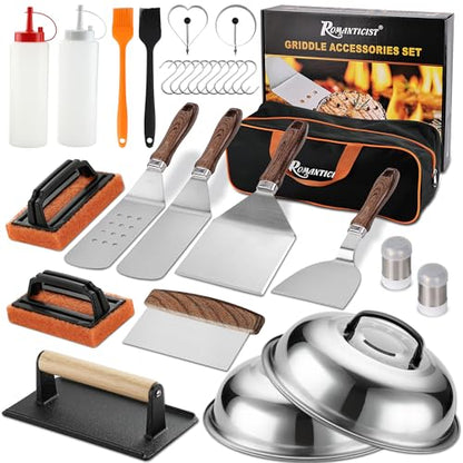 ROMANTICIST 29PCS Griddle Accessories Set - Flat Top Teppanyaki Spatula Set with Scraper, Basting Cover for Camp Chef- Home Cooking Griddle and Outdoor BBQ Gifts for Father's Day - style: Brown