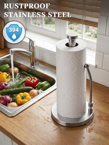SMARTAKE Paper Towel Holder Countertop, Non-Slip Weighted Base, Silver | Freestanding Kitchen Roll Dispenser, Rustproof Stainless Steel, Spring Arm for Easy Tear, Widden Top, with 4 Suction Cups - color: 01-silver