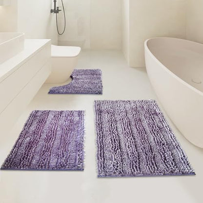 Purple Bathroom Rugs Sets 3 Piece, Super Absorbent Water Bath Mat Set with U-Shaped Toilet Rug,Ultra Soft Chenille Bath Mats for Bathroom and Tub,20x32+16x24+U-Shape20x20 Inch - color: Purple