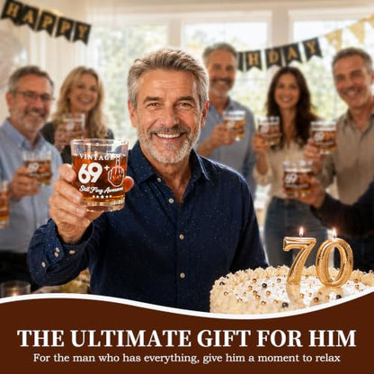 70th Birthday Gifts for Men, Funny Whiskey Glass Set with Vintage Wood Box | Includes Whiskey Stones, Tongs, Pipette &Greeting Card, 70 Year Old Birthday Party Supplies for Dad, Grandpa Who Loves Scotch - style: 70th Mens Gifts