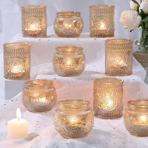 12Pcs Gold Votive Candle Holders - Glass Candle Holder for Table Centerpiece, Tea Lights Candle Holders for Home, Party & Wedding Shower Decoration - color: Gold, size: 12 PCS