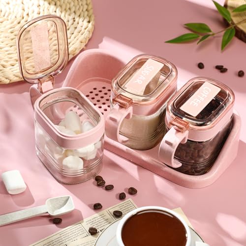 3 Pcs Sugar Coffee Container Set 16 oz Glass Condiment Jar Spice Container Coffee Station Organizer Set with Label Stickers Scoop for Bean and Sugar Candy, Oats, Nuts(Pink) - color: Pink
