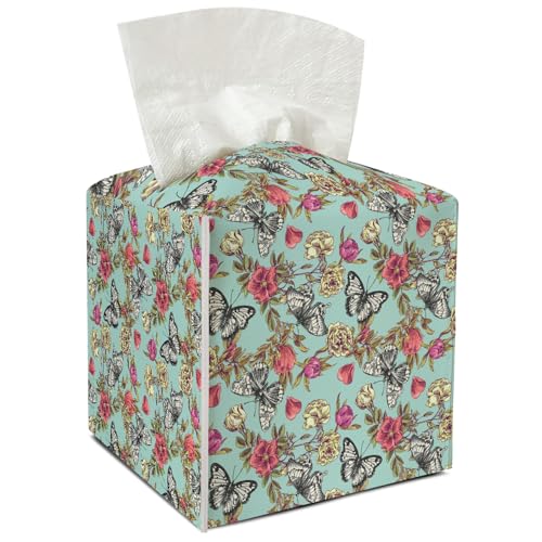 Butterfly Leather Tissue Holder with Bottom Belt Ideal for Women Housewarming Gift Vintage Tissue Box Cover Bathroom Car Nightstand Vanity Kitchen Decor Waterproof Napkin Organizer Dispenser - FS724 - color: Green 06