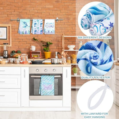 Redbaker 6 Pcs Mermaid Kitchen Towels, Ocean Blue Dish Towels Decor | Sea Themed Dish Cloths, Cute Kitchen Decor for Housewarming Birthday Party, Decorative Drying Set, Decorative Summer Gift - style: Mermaid