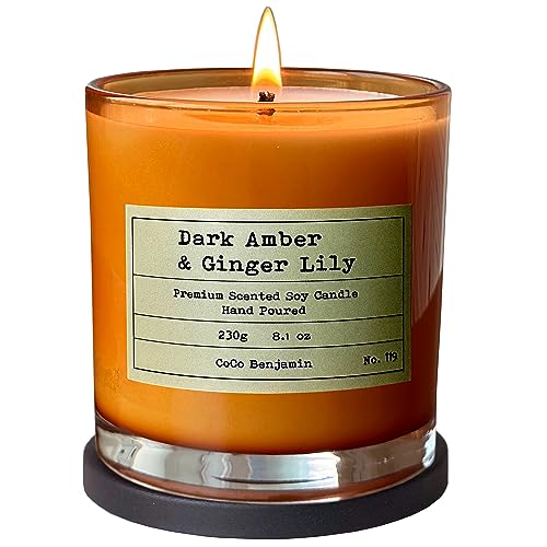 100% Natural Soy Wax Candle by CoCo Benjamin - Highly Scented & Hand-Poured Luxury Candle (Dark Amber & Ginger Lily)- Clean Burning Cotton Wick - style: Dark Amber & Ginger Lily (Cotton Wick)
