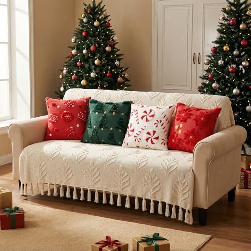 Tiamon 4 Pcs Christmas Throw Pillow Covers 18 x 18 Inch 3D Embroidered Plush Green Red Pillow Cases Christmas Tree Poinsettia Fluffy Faux Fur Cushion Covers for Sofa Couch Winter Holiday Party Decor - style: Christmas