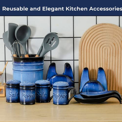 Nihow Ceramic Salt & Pepper Shakers Set with Handle for Kitchen Counter | 2.6 Inch Resist Rusting Seasoning Shaker -Elegant Black & Blue (Set of 2) - size: Shaker with handle