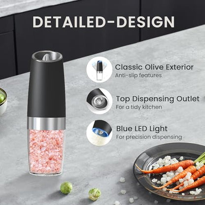 Battery Operated Salt And Pepper Grinder Set 2 Pack (Black) | Gravity-Activated Automatic Grinder With Led Light & Adjustable Coarseness, Each Uses 6 Aaa Batteries,Kitchen Daily Seasoning - color: Battery/2pcs/Black