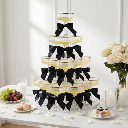 Set of 24 Plastic Champagne Coupe Glasses with Bow 7 oz Gold Champagne Tower Set Stackable Acrylic Ribbed Martini Glasses Cocktail Coupe Cup for Wedding Birthday Party Bar (Ribbon,Black) - color: Black, style: Ribbon