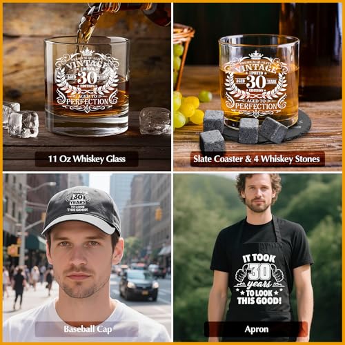 30th Birthday Gifts for Men Whiskey Glass Set, 30th Birthday Party Supplies with 11 Oz Whiskey Glass Coaster Stone Baseball Cap Apron Sock Toilet Paper Keychain for Him, Dad, Husband, Friends - style: 30th Birthday