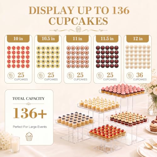 Ripeng 5 Tiered Large Dessert Table Display Set 10, 10.5, 11, 11.5, 12 Inch Buffet Riser Clear Acrylic Dessert Cupcake Stand Riser Bulk 5 Size Party Stand Food Treat Cookie Platter Pastry Serving Tray - size: 10,10.5, 11, 11.5, 12 Inch