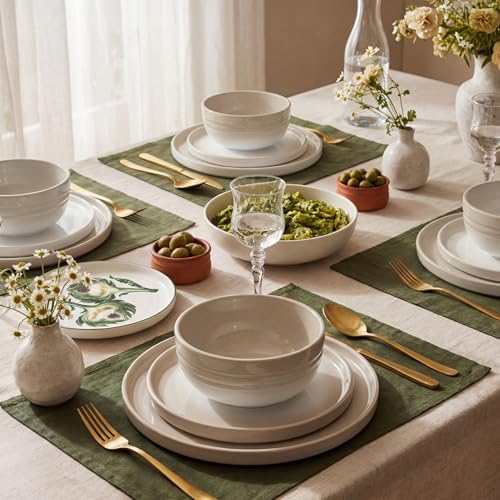 SMIRLY Stoneware Dinnerware Set for 4, 12 pcs Plates and Bowls Set, Cream | Chip and Scratch Resistant, Microwave, Dishwasher & Oven Safe, Non Toxic Plates Set, Ceramic Dish Set for Everyday Meal - color: Cream White