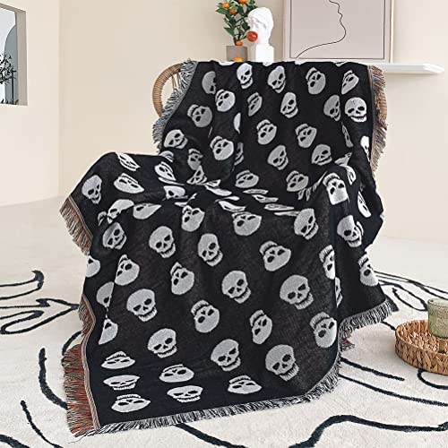 Horror Style Halloween Skulls Throw Woven Blanket with Tassel for Home Decoration Chair Couch Sofa Bed Beach Travel Picnic Cloth Tapestry Shawl Cozy Cotton (Black 63×51 Inches)