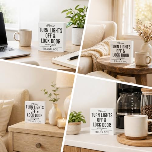 Home Safety Reminder Sign White Wood Box Plaque, Turn Lights Off and Lock Door as You Leave Farmhouse Tabletop Shelf Accent for Entryway Office 5x5 Inches - color: Homre Sign 26