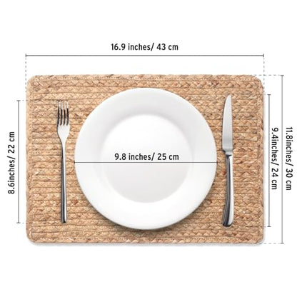 Woven Placemats Set of 6, 17" x 12" Rattan Table Mats, Natural Water Hyacinth Chargers for Dinner Plates, Wicker Placemats for Dining Table, Home, Wedding